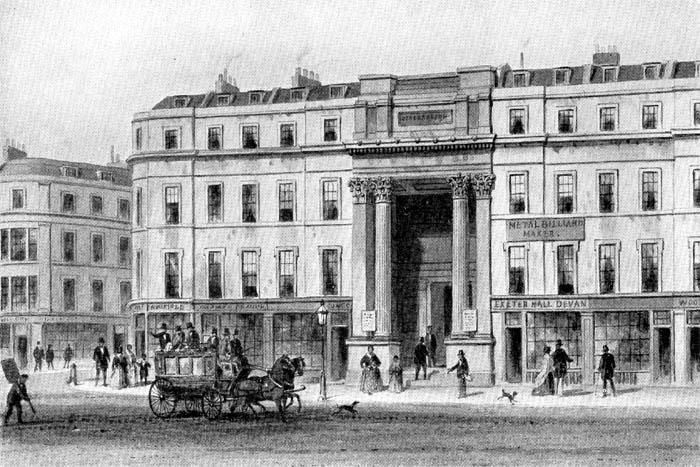 Exeter Hall (YMCA) circa 1905 Postcard engraving, Public domain, via Wikimedia Commons